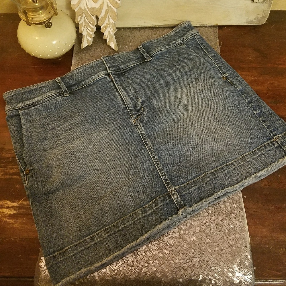Loft distressed jean mini skirt.